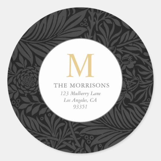 黒エレガントフローラ金ゴールドモノグラム差出人住所 ラウンドシール (正面)