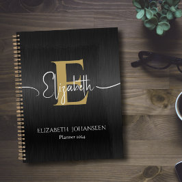 黒エレガントブラシ仕上げ金属金ゴールドモノグラム日記 プランナー手帳