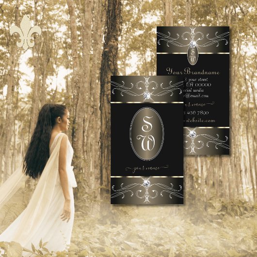 黒エレガントプラチナ華美オーナメントイニシャル 名刺