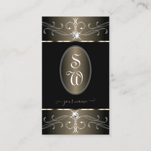 黒エレガントプラチナ華美オーナメントイニシャル 名刺 (正面)