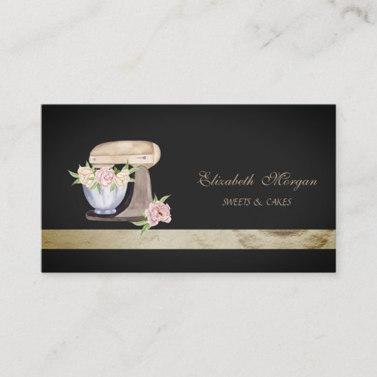 黒エレガントベーカリーミキサーフラワー 名刺 (正面)