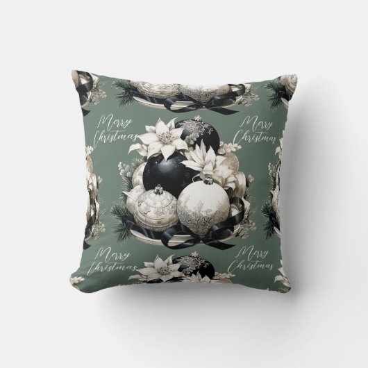 黒エレガントベージュのセージ緑のクリスマス装飾 クッション (正面)