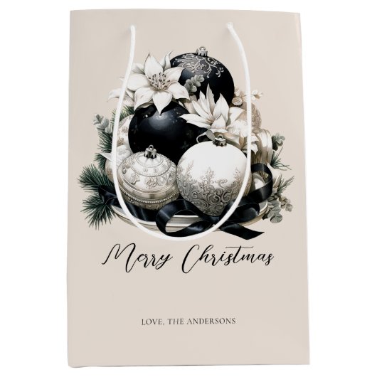 黒エレガントベージュアイボリークリスマス装飾 ミディアムペーパーバッグ (正面)