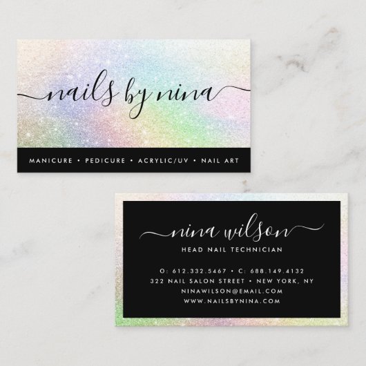 黒エレガントホログラフィックレインボーグリッタースクリプト 名刺 (正面/裏面)