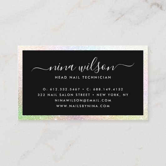 黒エレガントホログラフィックレインボーグリッタースクリプト 名刺 (裏面)