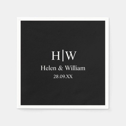 黒エレガントミニマルシックパーソナライズされた結婚ズ スタンダードカクテルナプキン (正面)