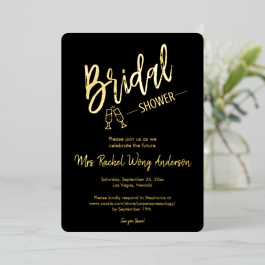 黒エレガントミニマルブライダルシャワー写真金ゴールド 箔招待状 (立ち正面)