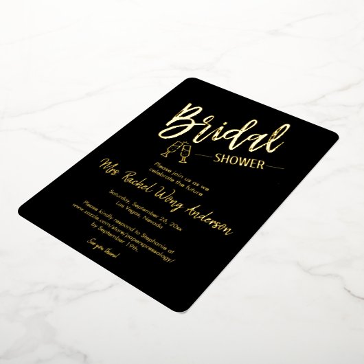 黒エレガントミニマルブライダルシャワー写真金ゴールド 箔招待状 (回転した状態)