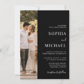 黒エレガントミニマルモダン写真QRコー結婚ド 招待状 (正面)