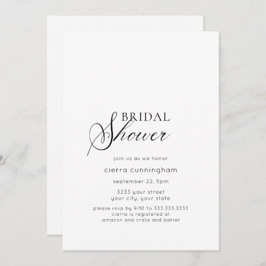 黒エレガントミニマル白ブライダルシャワー 招待状 (正面/裏面)