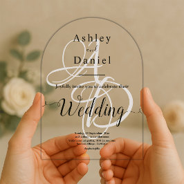 黒エレガントミニマル白モノグラム結婚の アクリル招待状