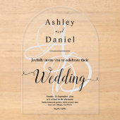 黒エレガントミニマル白モノグラム結婚の アクリル招待状 (正面)