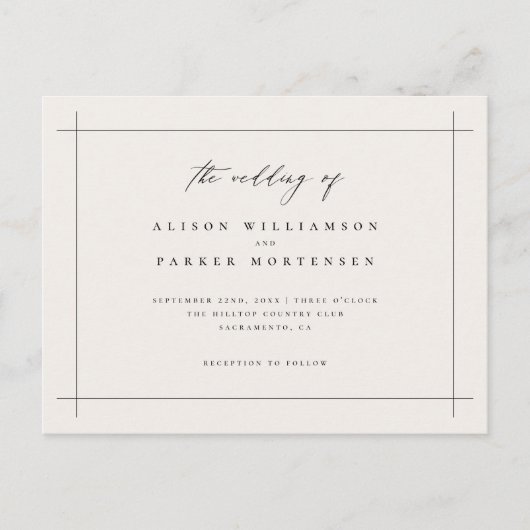 黒エレガントミニマル&アイボリータイポグラフィ結婚ズ インビテーションポストカード (正面)