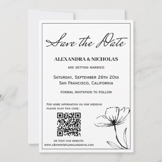 黒エレガントモダンと白の写真の日付を保存 セーブザデート (裏面)