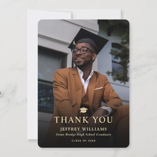 黒エレガントモダンと金ゴールドの写真の卒業 サンキューカード (正面)