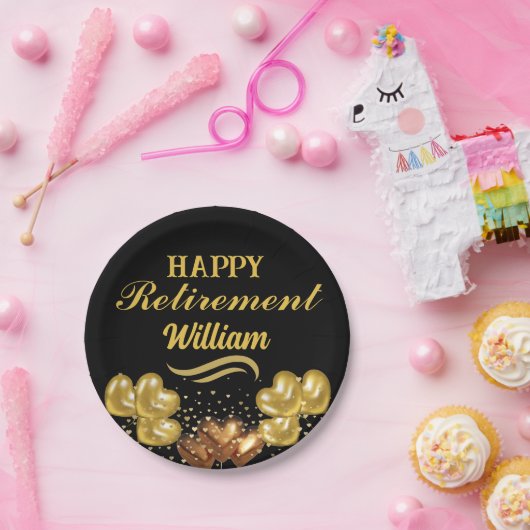 黒エレガントモダンと金ゴールドの幸福な退職 ペーパープレート (パーティー)