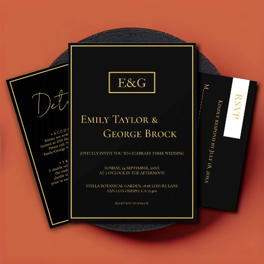 黒エレガントモダンと金ゴールドモノグラム結婚の 招待状