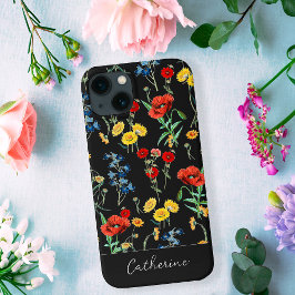 黒エレガントモダンの山の花の名前 iPhone 13ケース