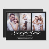 黒エレガントモダンの3写真結婚式の日付を保存 マグネット招待状 (正面/裏面)