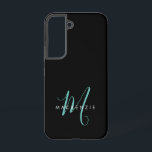 黒エレガントモダンティール（緑がかった色）スクリプトモノグラム SAMSUNG GALAXY S22ケース<br><div class="desc">黒エレガントモダンティール（緑がかった色）スクリプトMonogramの電話ケース。クリーンエレガントな白サンセリフフォントと組み合わせたティール（緑がかった色）スクリプトのモノグラムが見た目をコンテンポラリー作る。</div>
