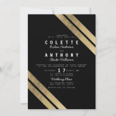 黒エレガントモダンフェイク結婚ストライプ金ゴールド 招待状 (正面)
