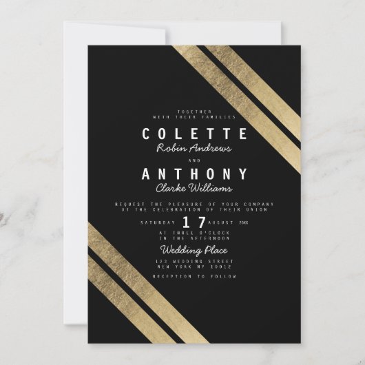黒エレガントモダンフェイク結婚ストライプ金ゴールド 招待状 (正面)