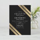 黒エレガントモダンフェイク結婚ストライプ金ゴールド 招待状 (スタンド正面)