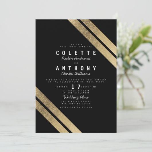 黒エレガントモダンフェイク結婚ストライプ金ゴールド 招待状 (スタンド正面)