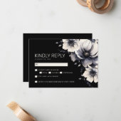 黒エレガントモダンフローラ結婚式RSVP ノートカード (正面/裏面インサイチュ)