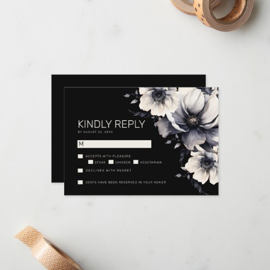 黒エレガントモダンフローラ結婚式RSVP ノートカード (正面/裏面インサイチュ)