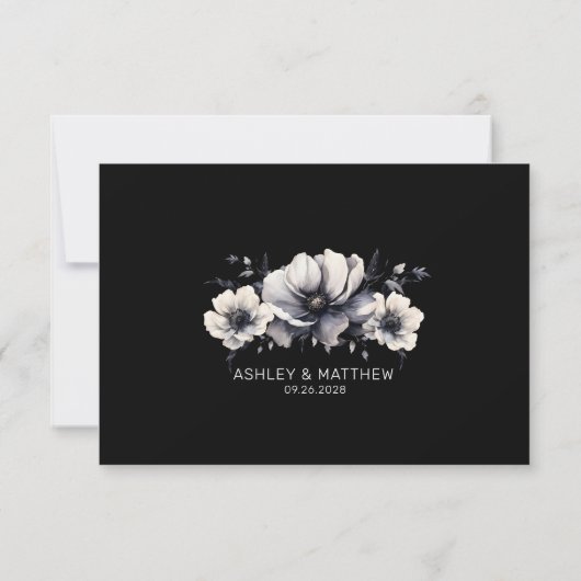 黒エレガントモダンフローラ結婚式RSVP ノートカード (裏面)