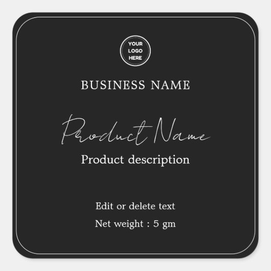 黒エレガントモダンミニマル四角の製品ラベル スクエアシール (正面)