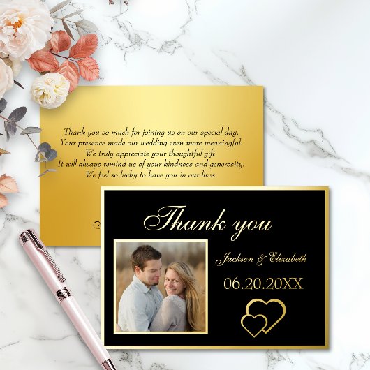 黒エレガントモダン写結婚真のサンキューカード 箔招待状
