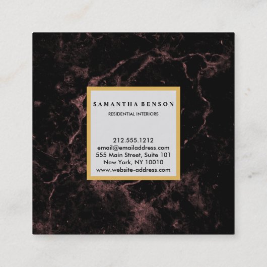 黒エレガントモダン大理石フェイク金ゴールド枠 スクエア名刺 (裏面)