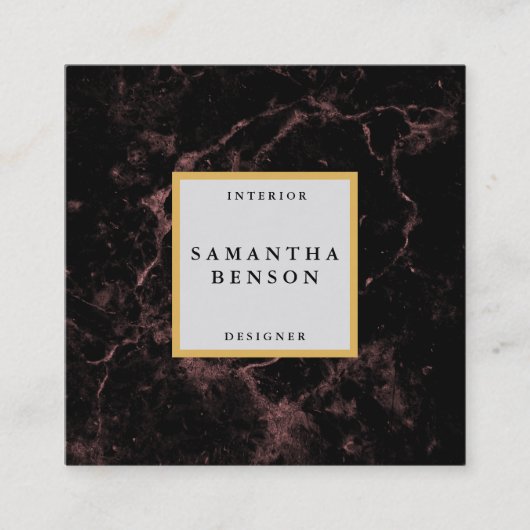 黒エレガントモダン大理石フェイク金ゴールド枠 スクエア名刺 (正面)
