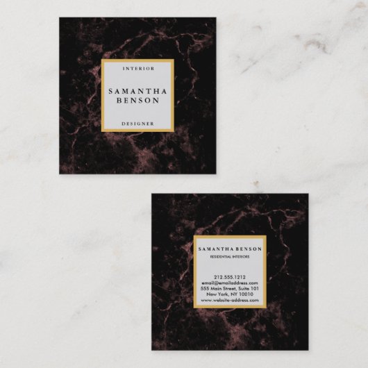 黒エレガントモダン大理石フェイク金ゴールド枠 スクエア名刺 (正面/裏面)