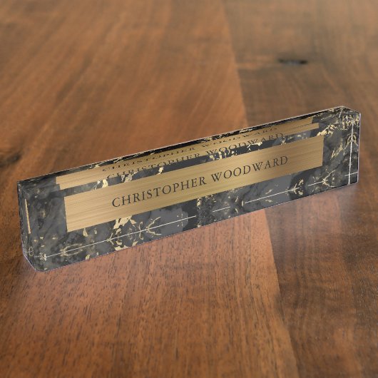 黒エレガントモダン大理石ブラシ付き金箔 デスクネームプレート (側面)