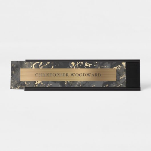 黒エレガントモダン大理石ブラシ付き金箔 デスクネームプレート (正面)