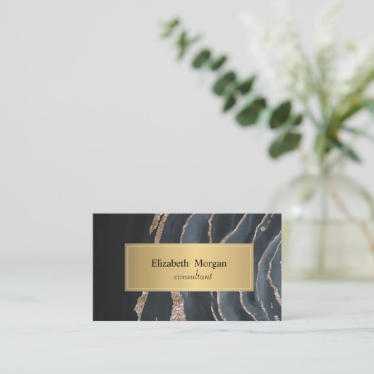 黒エレガントモダン大理石金ゴールド 名刺 (スタンド正面)
