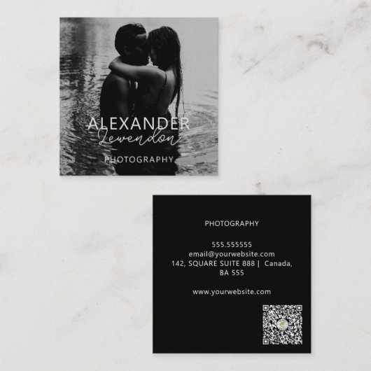 黒エレガントモダン字フォトミニマルQRコード スクエア名刺 (正面/裏面)