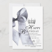 黒エレガントモダン弓クラウン誕生日パーティー 招待状 (正面)