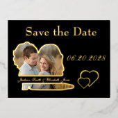 黒エレガントモダン日付の保存結婚日 箔招待状ポストカード (正面)