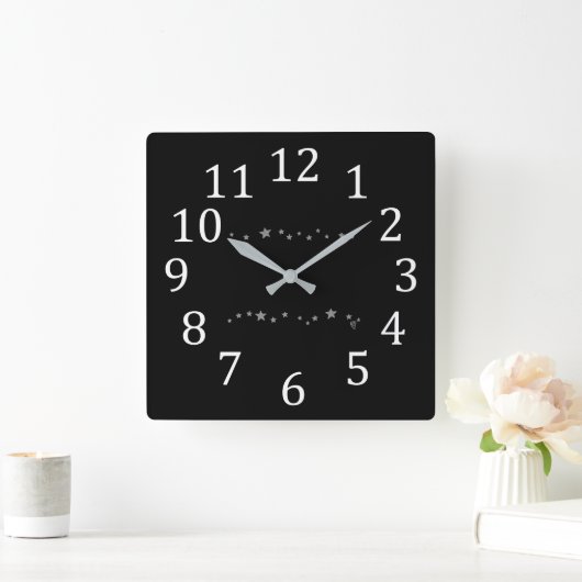 黒エレガントモダン時計に輝く銀色の星 スクエア壁時計 (ホーム)