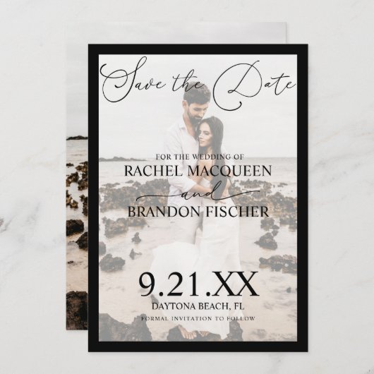 黒エレガントモダン枠のカップル写真結婚 セーブザデート (正面/裏面)