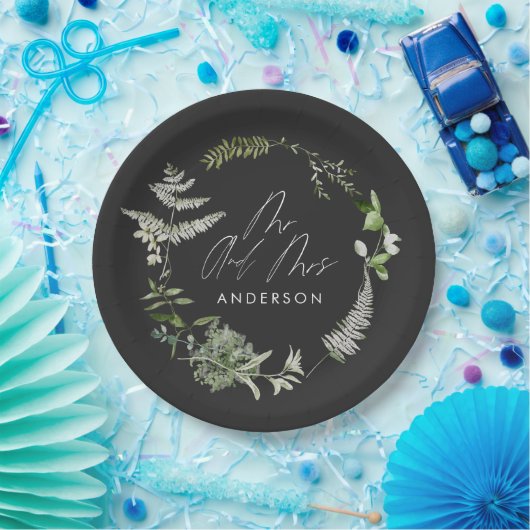 黒エレガントモダン植物画結婚素 ペーパープレート (パーティー)