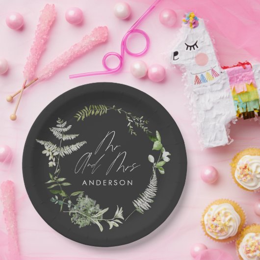 黒エレガントモダン植物画結婚素 ペーパープレート (パーティー)