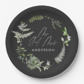 黒エレガントモダン植物画結婚素 ペーパープレート (正面)