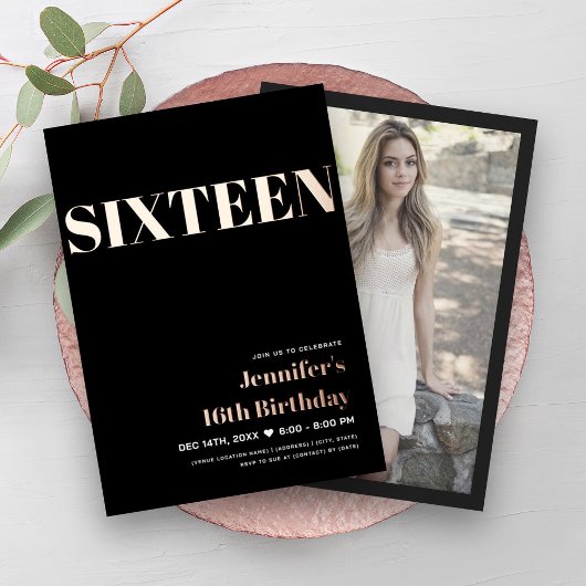 黒エレガントモダン甘16タイポグラフィ 箔招待状