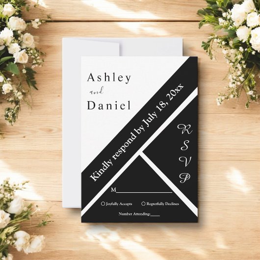 黒エレガントモダン白の上品なシック結婚ス 出欠カード