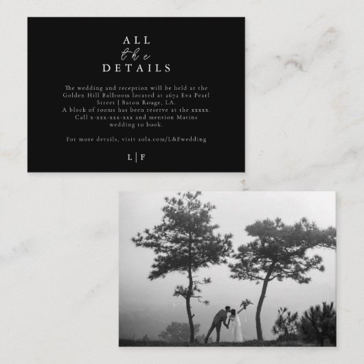 黒エレガントモダン白の写真結婚詳細 エンクロージャーカード (正面/裏面)